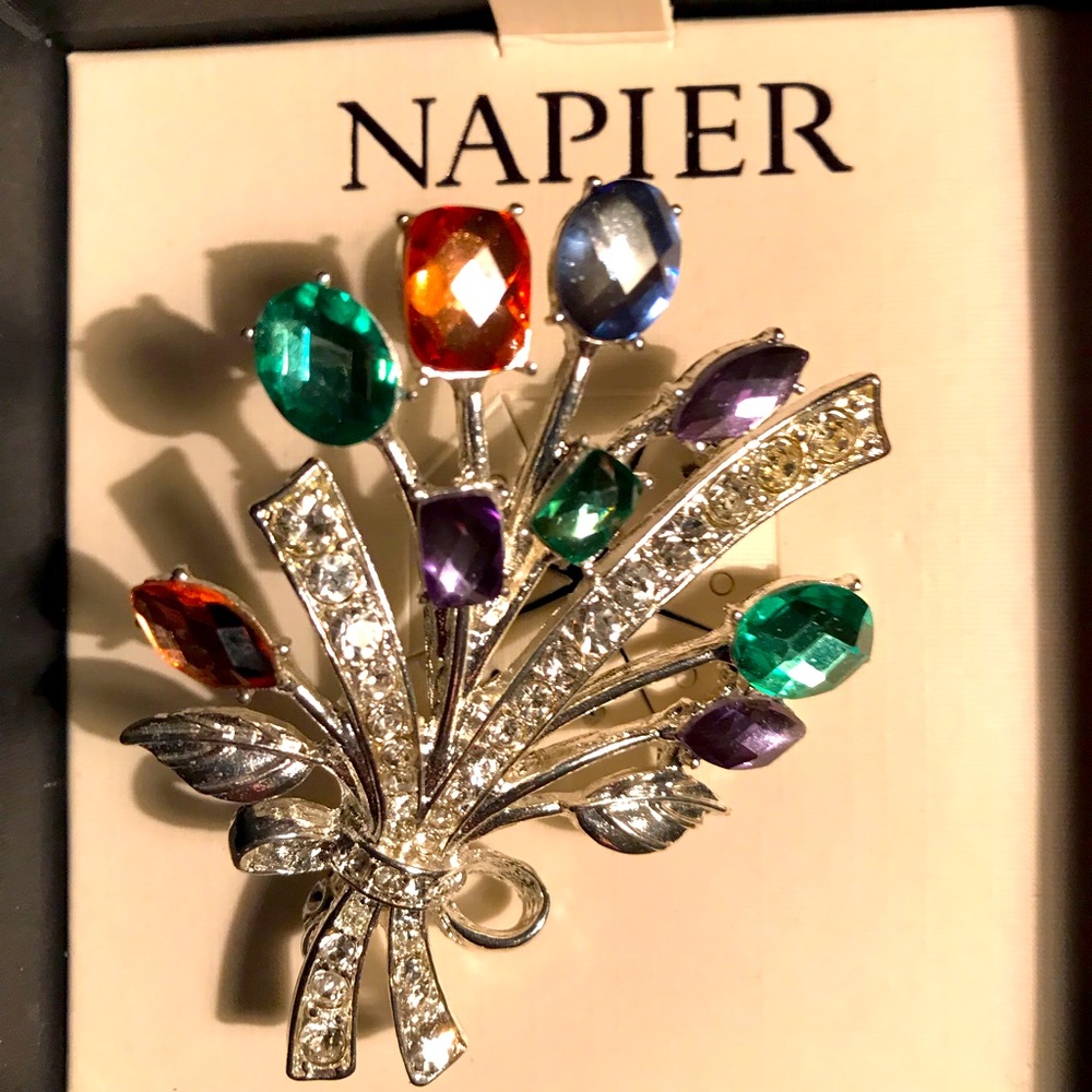 New, IOB, Napier bouquet PIN,Silver tone w/rhinestone flowers in various colors